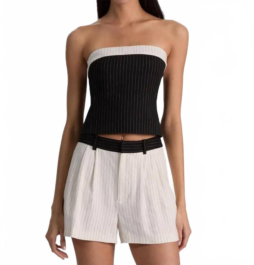 NEW ALICE + OLIVIA women's kelly linen strapless top in black/off white pinstrip